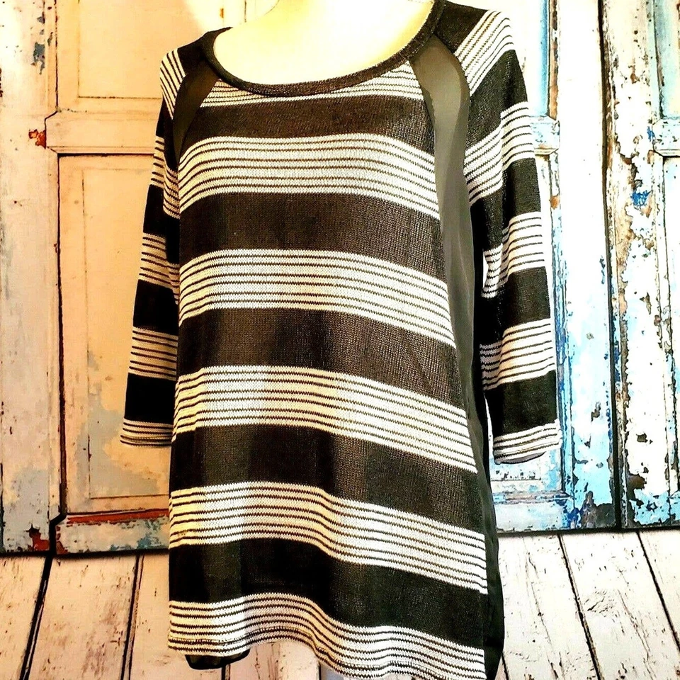 AB Studio Knit Top Size M Black & White Stripes Sheer Back & Details Boho - Image 1 of 4