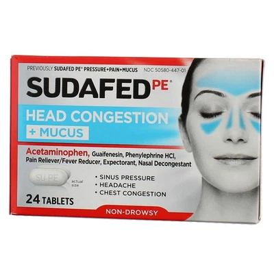 Sudafed PE Head Congestion + таблетки ацетаминофена слизи, 24 шт - Изображение 1 из 2
