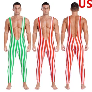 Men's Striped Bodysuit Wrestling Singlet Athletic Jumpsuit One Piece Leotard - Picture 1 of 30