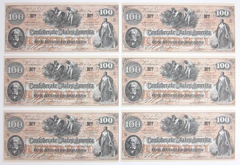 6 CONFEDERATE States $100 Dollar Bill Paper Money Note CIVIL WAR CSA FACSIMILE Cover