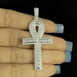 2.1" Ankh Cross Men's Pendant 14K White Gold Over 3 Ct D/FL Brilliant Moissanite - Picture 1 of 11