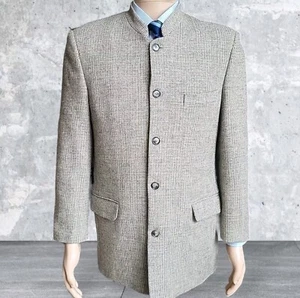Vintage Blazer Mens US 38 EU 48 Beige Houndstooth Wool Mandarin Jacket France - Picture 1 of 19