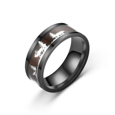 8 mm Black Stainless Steel Brown Tree Deer Inlay Engagement Ring Sizes 7 - 12 - Image 1 of 3
