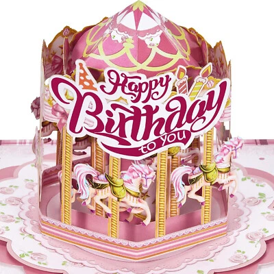 Granddaughter 3D Pop up Happy Birthday Card, Horse Carousel, 9.8" X 7.9", Pink - Image 1 of 4