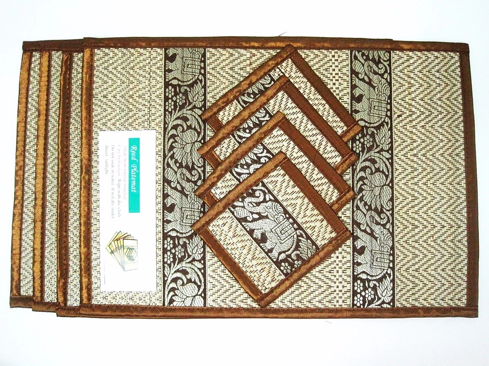 Thai Coasters Placemats Mat Dining Silk Reed Elephant Table Brown Color Set 4  - Image 1 of 4