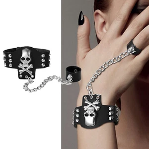 Punk Gothic Leather Skull Bracelet Rivet Bangle w Halter Ring Halloween Jewelry - Picture 1 of 9