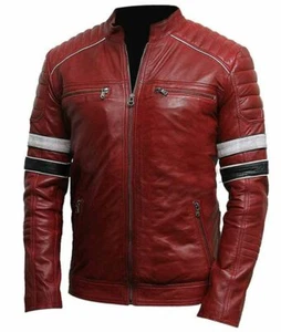 Men Cafe Racer Burgundy Biker Pure Classic Motorcycle Real Leather Formal Jacket - Picture 1 of 7