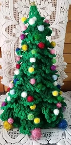 Kitsch Crochet Christmas Tree 15” Sparkle Pom Pom Retro Hobbyist - Picture 1 of 5