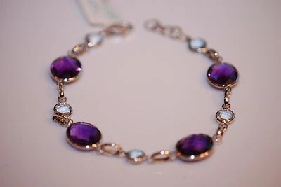 NUEVO CON ETIQUETAS Pulsera Amatista Púrpura y Topacio Azul Oro Blanco 14k 7-7.5" Foto 1 de 4