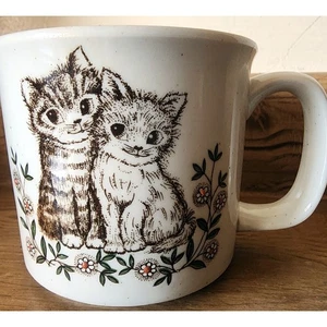 Stoneware Style Mug Cup Cats Kittens And Raised Flower Speckle Pattern - Picture 1 of 15