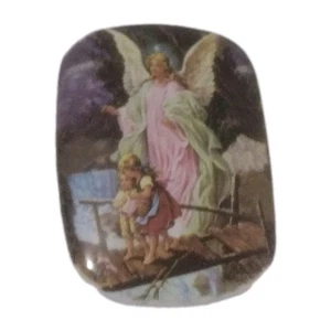Vintage Ceramic Guardian Angel With Kids Lapel Brooch Pin  - Picture 1 of 3