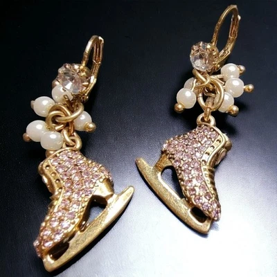 NEW Betsey Johnson Vintage Winter Glam Pink Crystal Ice Skates Holiday Earrings - Image 1 of 4