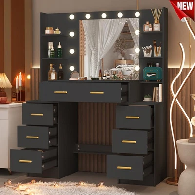Extra Large Vanity Table With LED Lighted Mirror 7 Drawers Makeup Dressing Desk - Image 1 of 4