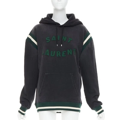 SAINT LAURENT 2022 серый выстиранный хлопок зеленый альпака логотип нашивка университет толстовка с капюшоном XS - Изображение 1 из 4