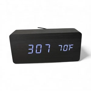 Rectangle Sound Control Wooden Wood LED Alarm Clock Desktop Table Digital Thermo - Picture 1 of 5