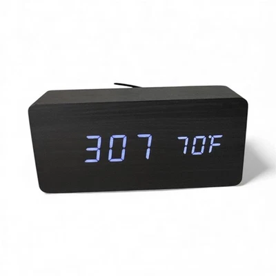 Rectangle Sound Control Wooden Wood LED Alarm Clock Desktop Table Digital Thermo - Image 1 of 4