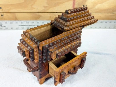 Antique Tramp Art Wood Box with Sliding Lid, Drawer & 2 Handles Trinket Box Folk - Image 1 of 4