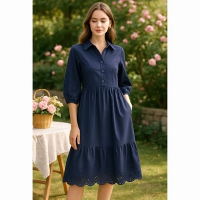 Vestido Cynthia Rowley Azul Marino Algodón Ojales Midi Talla XS Cuello Boho Pradera Elegante Foto 1 de 4