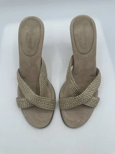 Eric Javits NY Gold Glitter Beige Raffia Slide Kitten Heel Sandals Women Sz 5.5M - Picture 1 of 9