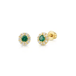 14K Real Solid Gold Round Halo Birthstone CZ Sleeper Studs Earrings Screw-back - Picture 1 of 54