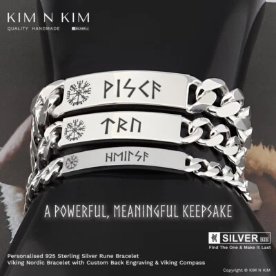 Personalised 925 Sterling Silver Rune Bracelet, Viking Compass Bracelet - Image 1 of 4