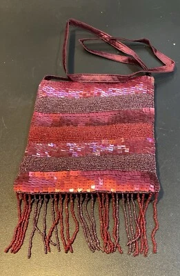 Bandolera Cartera Bolso Flecos Cuentas Lentejuelas Borgoña Boho Cóctel Fiesta Noche Foto 1 de 4