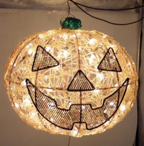 VTG 15" Halloween Pumpkin-Spun Spaghetti Jack O Lantern Lucite Wired- Lights Up - Picture 1 of 7