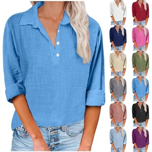 Womens Button Down Shirt 2024 Fall Casual Long Sleeve Solid Loose T Shirts Tops - Picture 1 of 19