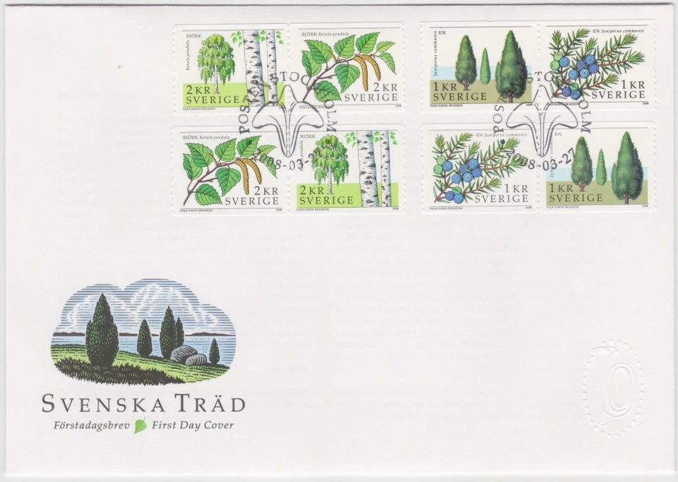 Sweden FDC 2008, Swedish trees, Juniper, Birch, Mint - Image 1 of 1