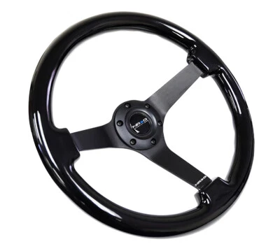 NRG STEERING WHEEL 350MM WOOD GRAIN BLACK SPOKE ST-036BK-BK 3" DEEP - Image 1 of 3