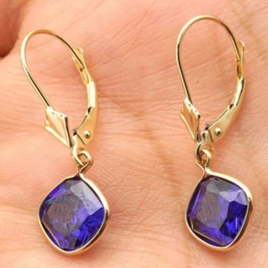 14K Yellow Gold Bezel Square Simulated Sapphire Leverback Dangle Earrings 1" - Picture 1 of 5