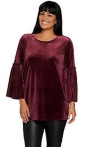 Du Jour X-Small Pleated Bell Sleeve Knit Velvet Tunic Merlot XS - Picture 1 of 6
