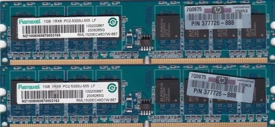 2GB 2x1GB PC2-5300 DDR2-667 RAMAXEL RML1520EC48D7W-667 MEMORY KIT HP 377726-888 - Image 1 of 2