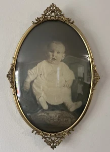 Antique Victorian Ornate Brass Oval Convex Bubble Glass Child Wall Frame 25”x15” - Picture 1 of 10