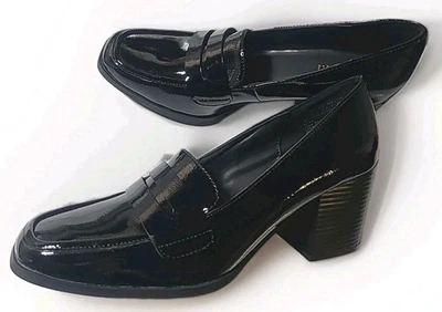 Kenneth Cole Reaction Elsa 黑色漆皮粗跟乐福鞋 9.5 鞋 学院风 — 第 1/4 张图片