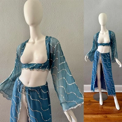 Vintage 40s 50s Dance Blue Sequin Silk Crop 2 Pc Outfit Angel Sleeve Skirt Set S - Image 1 of 4