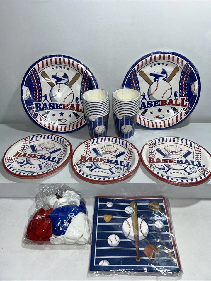 Suprimentos temáticos de beisebol para festas, pratos, guardanapos, copos, balões todos selados  - Imagem 1 de 4