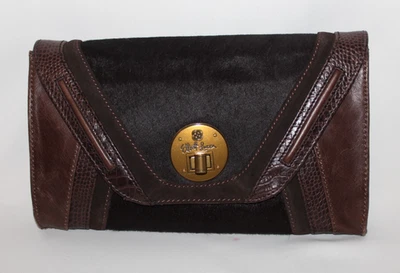 Elliott Lucca Brown Leather and Fur Accent Clutch Crossbody Purse Brand New - Image 1 of 4