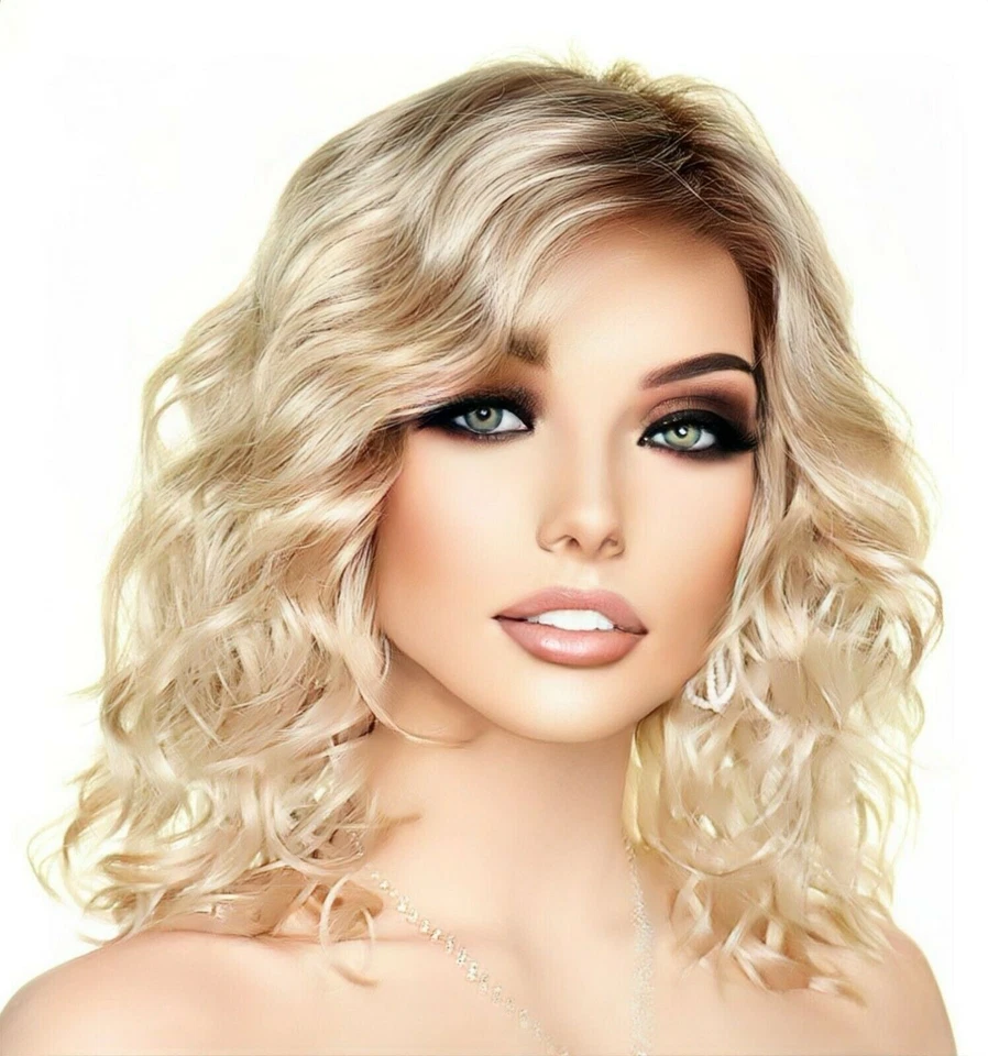 FINN | PELUCA DELANTERA DE ENCAJE ESTETICA | RUBIA ILUMINADA POR EL SOL | ONDAS EN CAPAS DE LONGITUD MEDIA NUEVO Foto 1 de 4