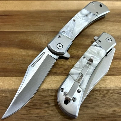 Navaja de bolsillo táctica asistida por resorte hoja abierta plata perla 8,75” caza Foto 1 de 4