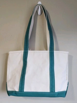 LL Bean Boat and Tote Med Teal & Natural Cremallera Superior Mango Largo 13"Lx11"Hx5.5"D Foto 1 de 4
