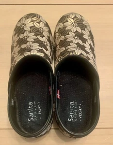 Santia Black Leather Gold Foiled Flower Pattern Clog Women’s 3 - Picture 1 of 4