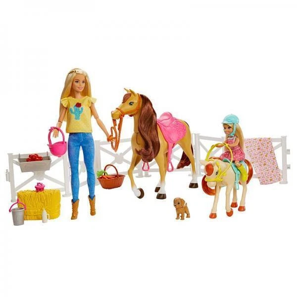 Barbie FXH15 Ranch di Barbie e Chelsea Playset di Due Bambole, Accessori e Cavalli per Bambini - Multicolore