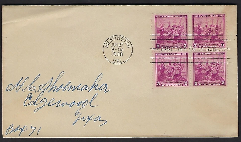 836 Addressed, no cachet, FDC - Landing of the Swedes & Fins, 1638 - 300th Ann. - Image 1 of 1