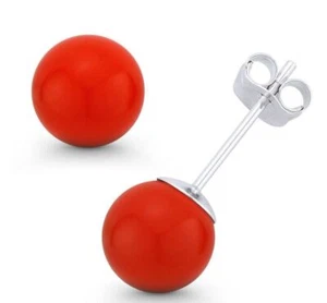 Aretes redondos de plata de ley 925 de coral rojo 3 mm-10 mm todos los tamaños - Imagen 1 de 11