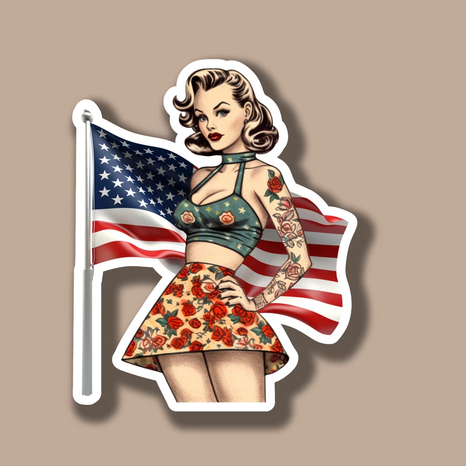 Pegatina de vinilo tatuaje pinup niña bandera americana patriótica Estados Unidos 5" Foto 1 de 1