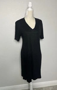 Eileen Fisher Hemp Cotton Short Sleeve Midi V Neck Shift Dress Black Petite M PM - Picture 1 of 10