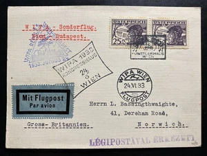 1933 Vienna Austria Airmail WIPA Flight Postcard Cover To Norwich England - Picture 1 of 2