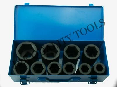 10 Pcs 1" Dr. 6pt SAE Jumbo Deep Shallow Impact Socket Set 7/8" - 2" Socket Case - Image 1 of 2