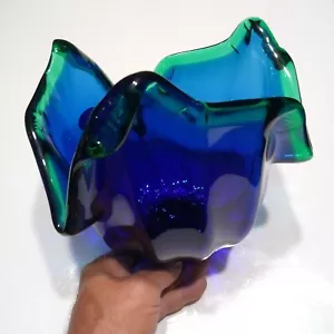 Italien handgeblase Kunst Glasschüssel/Taschentuch gezogene Vase/Blau Grün leuchtet schön! - Bild 1 von 22